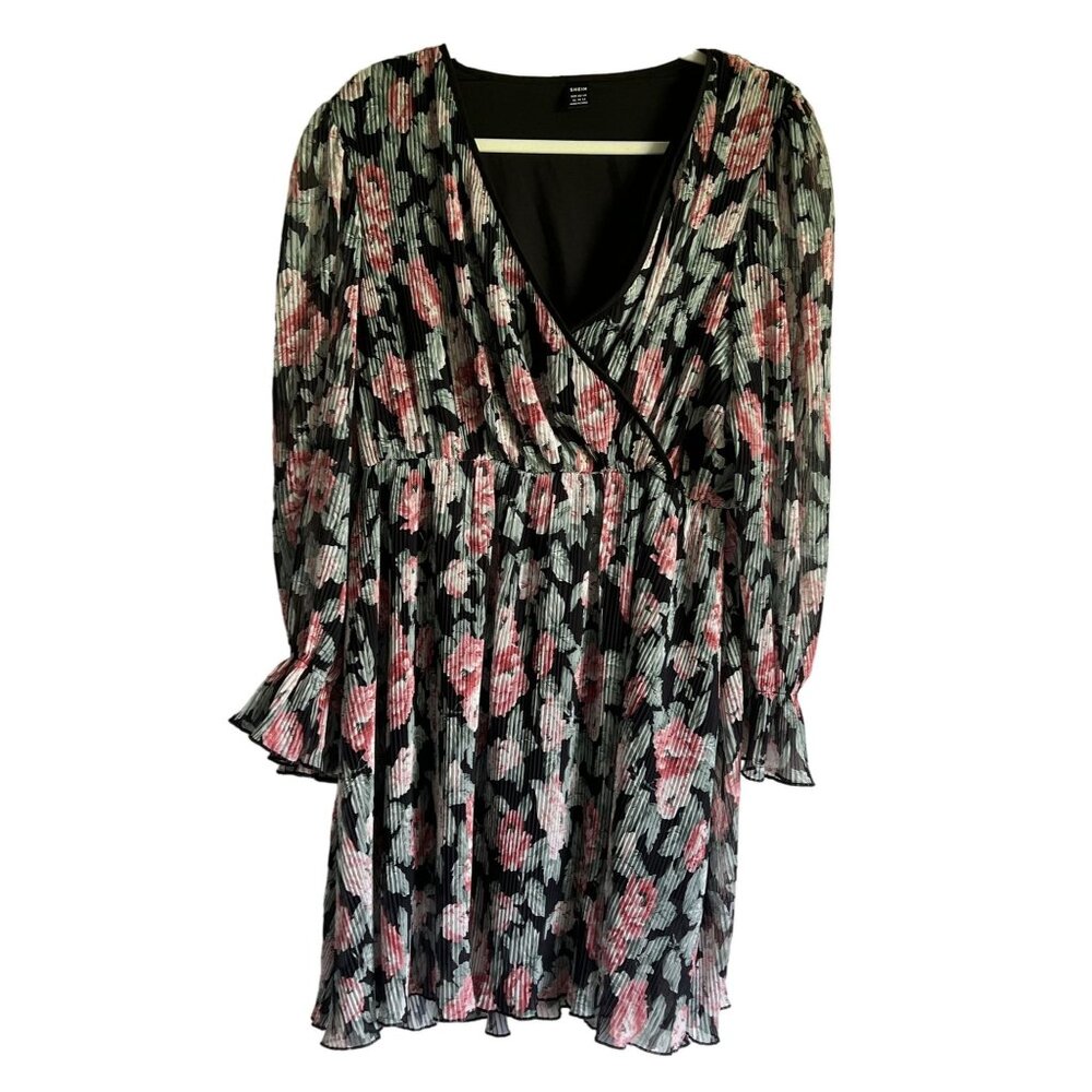 Shein XL Floral Pleated Long Sleeve  Faux Wrap Dress Lined Fairygrunge